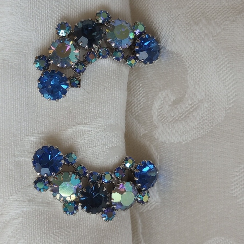 50's unsigned Climber AB crescent Moon Rhinestone Earrings Clip-on